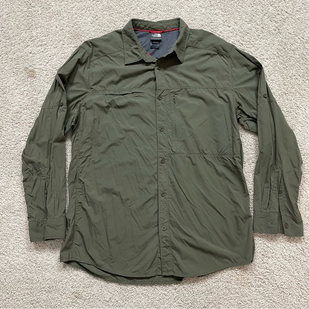 BIG MENS Olive Green THE NORTH FACE Vented LONG SLEEVE Hiking CAMPING Tech SHIRT